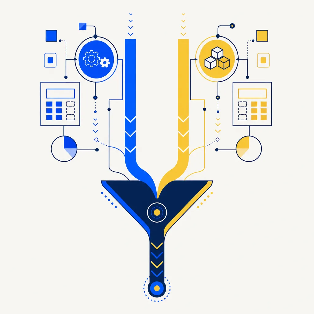 Flat editorial illustration showing two parallel abstract calculation streams — one electric blue and one gold — flowing downward toward a shared funnel gate at the bottom, symbolizing that both the regular tax and AMT computations apply the same preferential rates to long-term capital gains. The streams converge into a single narrow output channel at the base, representing rate convergence. Abstract chevron shapes frame the streams on an off-white background with navy outlines.
