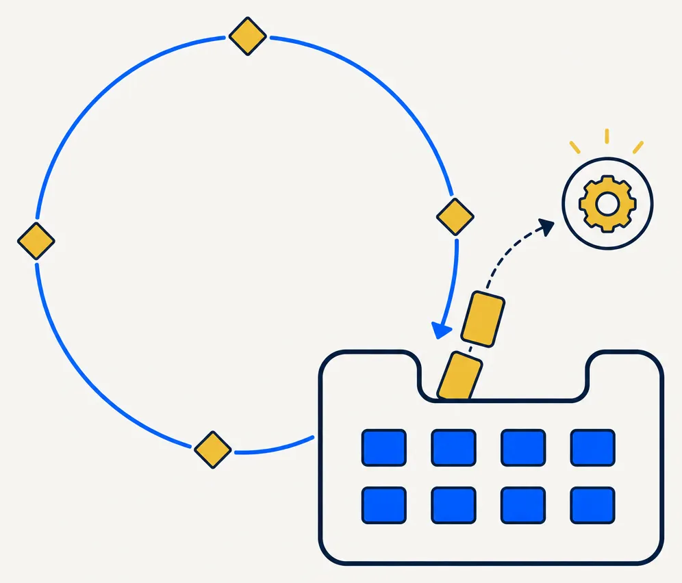 Flat editorial illustration of a circular electric-blue arc path with gold diamond accent points marking moments of opportunity along the cycle. The arc feeds into a rounded navy-outlined reservoir holding a small grid of evenly-spaced blue tokens, representing a loss bank held with intention rather than left to pile up. A single gold-tinted token is shown being drawn out of the reservoir toward a small gear icon, representing deliberate use rather than passive accumulation.