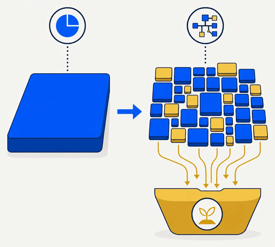 Abstract editorial illustration contrasting two portfolio structures. On the left, a single large solid electric-blue tile represents a passive ETF — one block with one potential harvest surface. On the right, a geometric mosaic of many smaller blue and gold tiles represents a direct-index sleeve — many individual positions, each a separate harvest surface. Below the right mosaic, gold accent arrows converge downward into a harvest basin symbol representing capital losses flowing into a loss reserve. A clean directional arrow separates the two sides, emphasizing the structural contrast between single-ETF exposure and many independent granular positions in the direct-index approach.