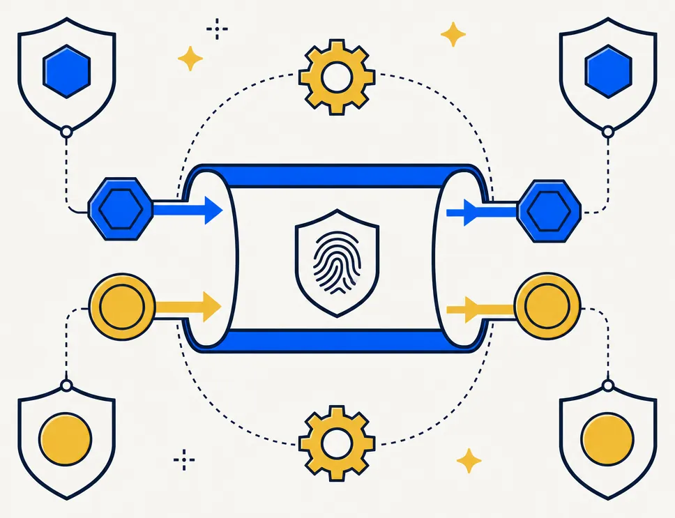 Abstract editorial illustration showing character preservation through a capital-loss carryforward. A blue token representing a short-term harvested loss and a gold token representing a long-term loss each pass through a forward-carry pipeline arrow and arrive unchanged on the other side, suggesting that the short-term or long-term classification is fully preserved by statute through the carryforward mechanism. Electric blue and gold accents on an off-white background.