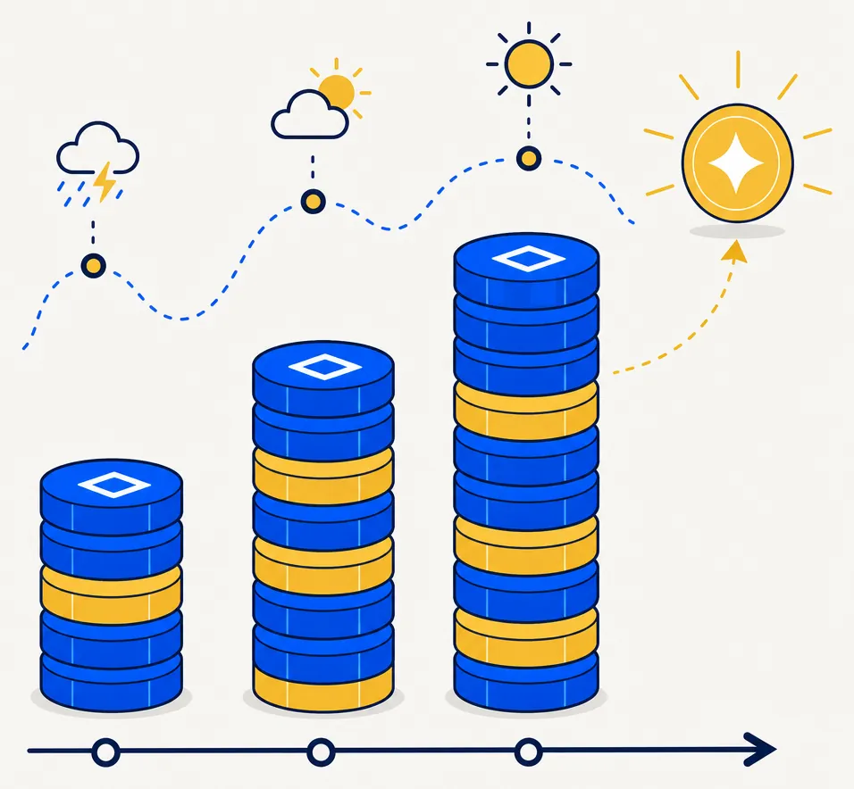 Abstract editorial illustration showing a capital-loss reserve growing over multiple tax years. Three vertical columns of blue and gold portfolio tokens increase progressively in height from left to right, suggesting systematic accumulation of harvested losses across market cycles. A bright gold target marker at the far right represents a future gain-recognition event the accumulated reserve may offset. A navy baseline arrow runs beneath all three columns from left to right. Electric blue and gold palette on an off-white background.