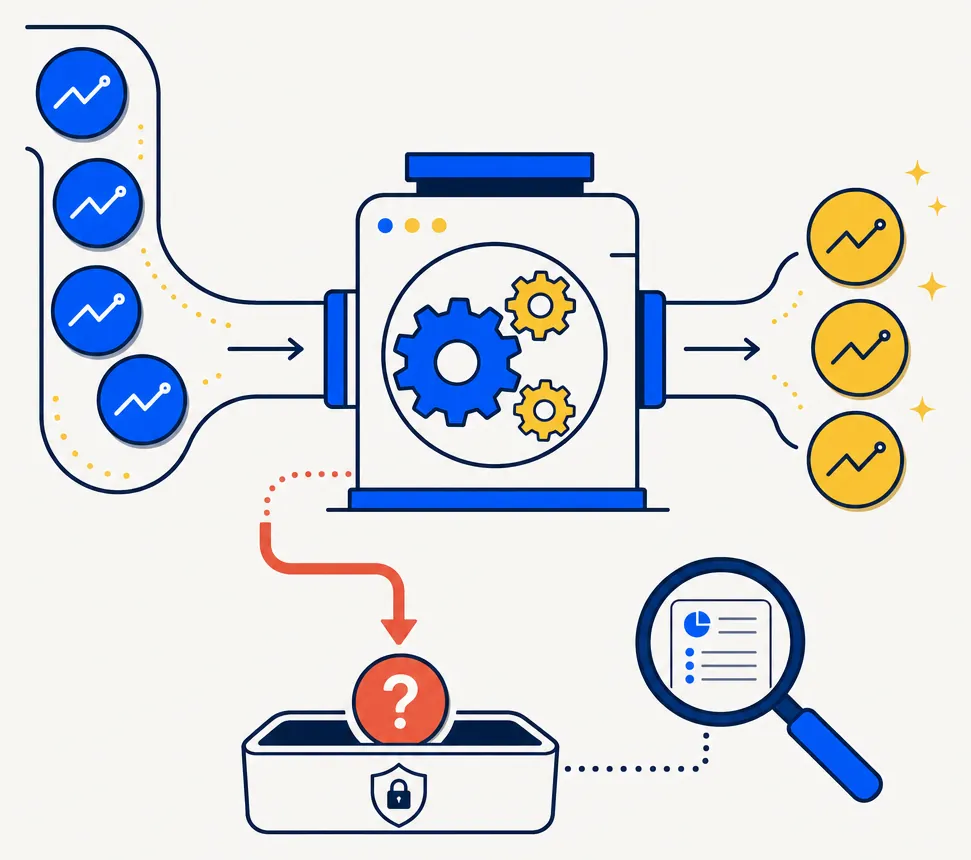 Abstract illustration of a tax-loss harvesting engine pipeline. Blue portfolio lot tokens flow through a gear-based processing system and emerge as gold harvest candidates. One token marked with a coral question mark is redirected by the engine into a separate holding tray below, with a magnifier icon above it suggesting review and reconstruction. The composition conveys conservative, precise handling of unknown-basis positions rather than outright errors.