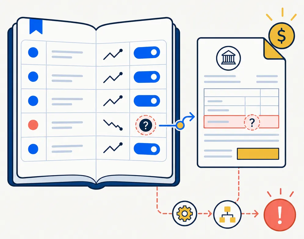 Abstract illustration of an open ledger with rows of portfolio lot entries. Most rows show clean blue cost-basis markers. One row is marked with a navy question-mark circle with coral tint suggesting a problem entry. A dotted pipeline connects that row to a gold-accented tax form document on the right, showing the basis gap propagating into a filing record.
