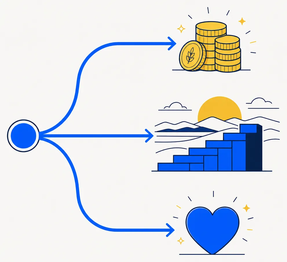 Abstract editorial illustration showing three diverging pipeline paths branching from a single blue origin node at the left. One path curves upward and ends at a compact cluster of gold coins, representing the harvest approach and its immediate tax benefit. A second path continues horizontally and ends at a series of ascending blue stair-steps rising toward a layered horizon, representing the hold-through-estate approach and the potential IRC §1014 basis step-up. A third path curves downward and ends at a simple abstract heart silhouette, representing the charitable-giving approach in which donating appreciated assets to a donor-advised fund may eliminate the embedded gain without a sale. The fork geometry in electric blue with gold and blue accents against an off-white background conveys the decision-tree nature of long-horizon position planning.