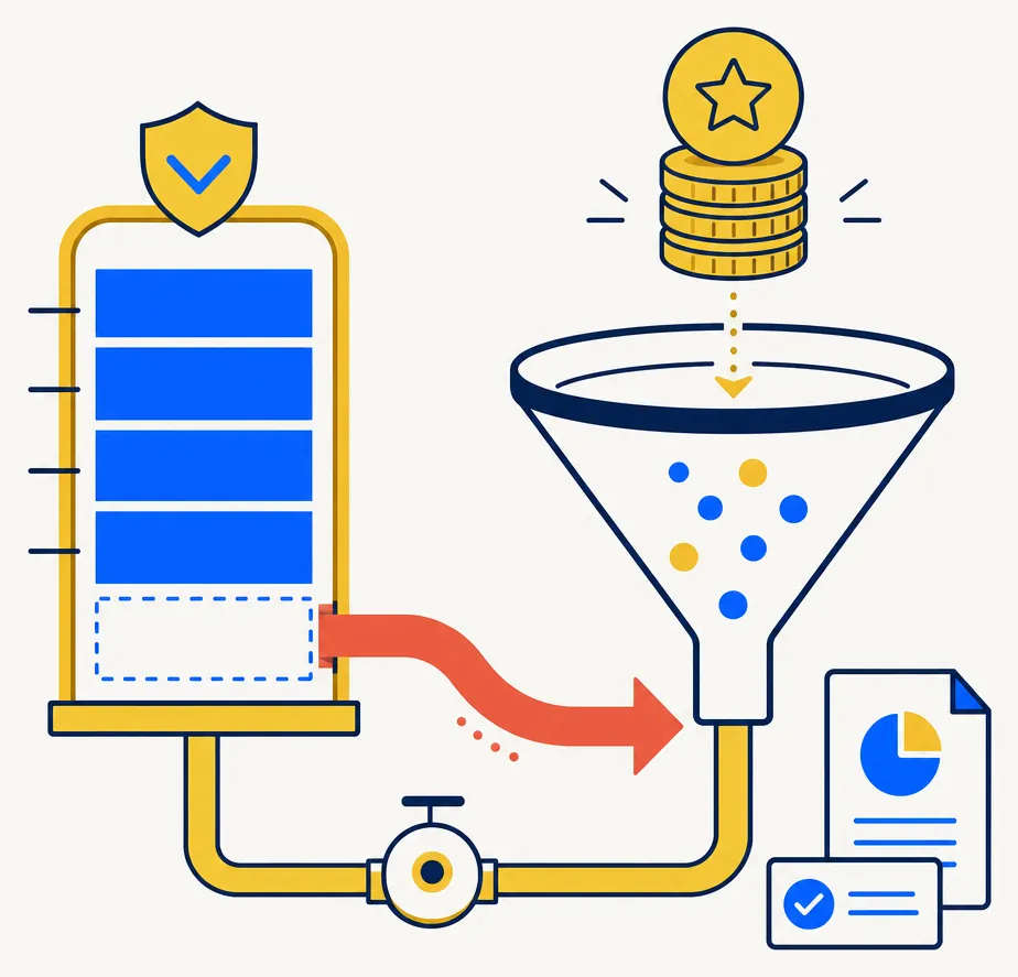 Abstract concept illustration showing how mutual fund capital gain distributions may consume a tax-loss harvesting reserve. On the left, a compact ledger or reserve container filled with electric blue bars represents an accumulated loss reserve built by a harvesting program. A thick coral-colored arrow drains from this reserve toward a funnel shape on the right, representing unplanned capital gain distributions flowing out of a mutual fund. A smaller gold element above the funnel suggests gains that could otherwise have been offset by the reserve. The palette uses electric blue and gold as the core with coral accents for the drain mechanism, on an off-white background.