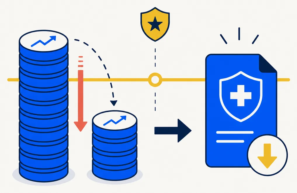 Abstract editorial illustration showing capital-loss harvesting reducing Medicare income-surcharge exposure. On the left, a stack of blue portfolio tokens diminishing in height represents net capital gains being offset by harvested losses. A prominent horizontal gold line across the center represents an IRMAA income tier threshold. A coral downward arrow indicates losses reducing the MAGI stack below the gold threshold line. On the right, a clean blue document or shield shape represents reduced Medicare premiums. The composition is minimal, flat-vector, electric blue and gold on an off-white background.