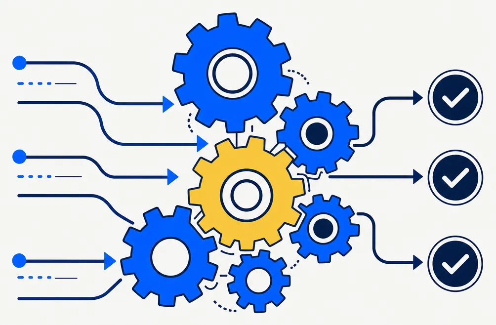 Abstract illustration of an automated tax-rule evaluation pipeline. A cluster of interlocking blue geometric gears of varying sizes mesh together, with one prominent gold gear at the hub. Abstract pipeline arrows enter the gear assembly from the left, and three clean navy checkmark badges emerge from the right output side. The composition conveys a systematic, inspectable rule-checking process — every proposed trade evaluated against tax constraints before proceeding.