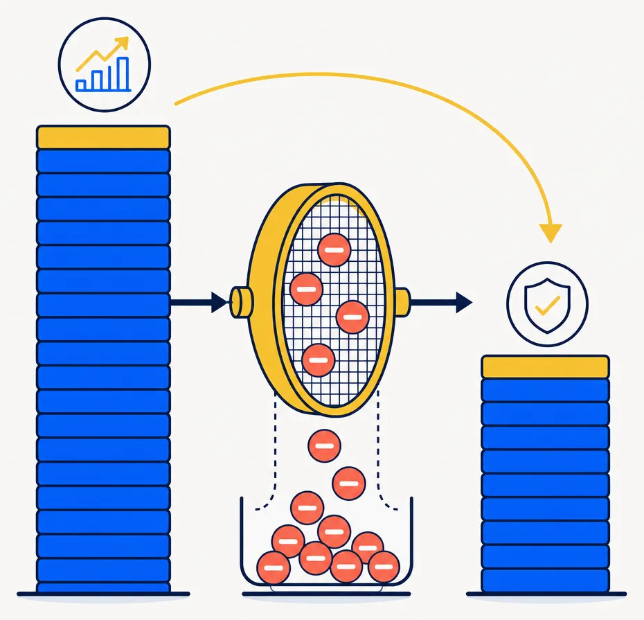 Abstract illustration showing tax-loss harvesting reducing the Net Investment Income Tax base. On the left, a tall column of stacked electric blue rectangular tokens represents gross capital gains subject to NIIT. A gold filter or sieve element in the center catches and neutralizes coral-tinted loss markers from the token column, representing harvested losses being applied against gains. On the right, a shorter reduced column of blue tokens represents the smaller net investment income base remaining after the offset. A subtle gold downward arrow connects the tall left stack to the shorter right stack. Flat vector pipeline metaphor, electric blue and gold dominant, coral accents for loss markers only, off-white background.