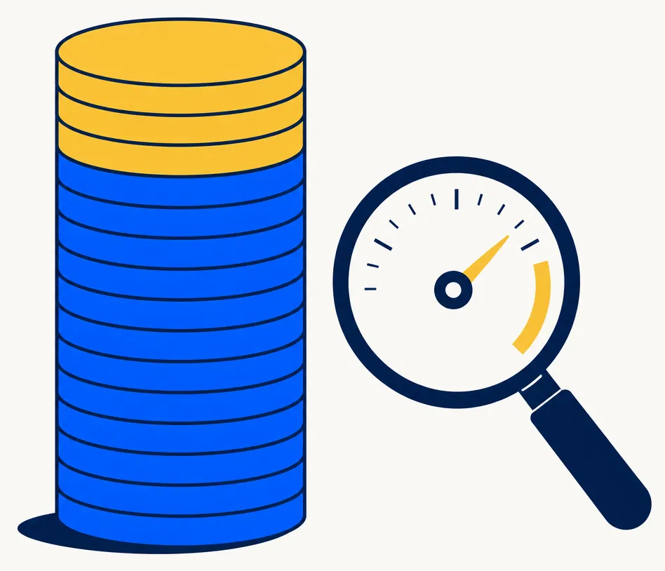 Abstract illustration of a tall stack of blue portfolio tokens topped by a few gold-highlighted tokens, representing embedded gains inside an already-substantial portfolio, positioned beside a navy magnifying glass overlaid on a gauge dial. The image conveys a mature portfolio being evaluated carefully before adding a short overlay, rather than a beginner starting point.