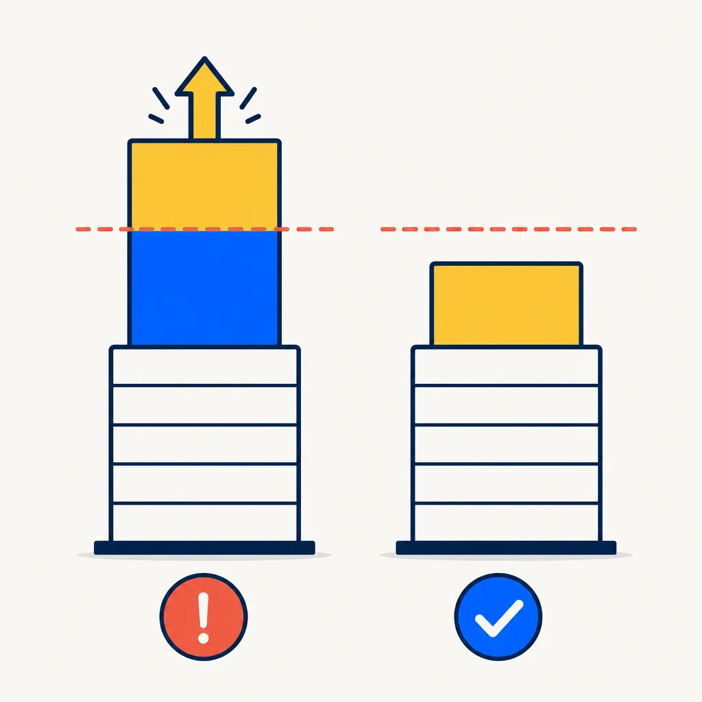 Flat editorial illustration showing two side-by-side abstract tax bracket stacks. On the left, an electric blue capital-gains bar is topped by a gold ordinary-income bar pressing upward past a red threshold line, illustrating bracket overflow. On the right, the blue bar is cleared and the gold bar sits comfortably below the threshold, illustrating bracket headroom made available when capital gains are offset by harvested losses. Simple geometric flat-style illustration with navy outlines on an off-white background.