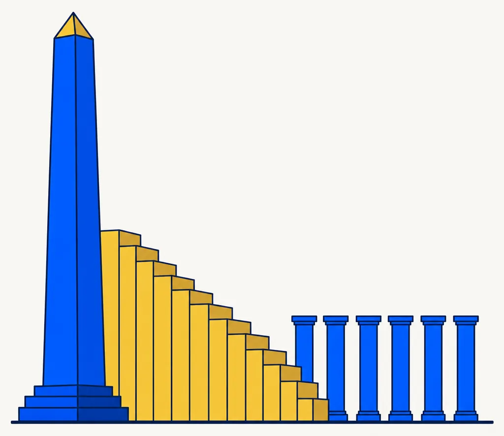 Abstract flat vector illustration of a structured, multi-year reduction path for a large concentrated position. On the left, a single tall electric-blue obelisk pillar rises from the base with a small gold cap at its peak, representing the dominant concentrated holding. From the pillar's base, a gold staircase descends gradually to the right — each step slightly lower than the last — until it arrives at a balanced row of shorter equal-height blue columns on the far right. The gold staircase conveys an intentional, paced reduction over time rather than an abrupt sale. Off-white background, no text, geometric minimal composition.
