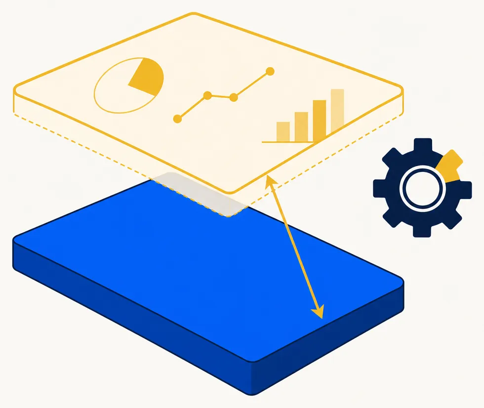 Abstract flat vector illustration of a short overlay layered on top of a long-only portfolio. A wide solid electric-blue rectangular slab at the bottom represents the core long-only holdings. Above it, a semi-transparent gold-outlined overlay panel floats at a slight vertical offset, representing the optional short sleeve added without replacing the underlying portfolio. A thin gold diagonal arrow connects the two layers, showing how they interact to reshape total exposure. A small navy gear with a gold accent tooth on the right side suggests the precision control mechanism required to manage the overlay responsibly.