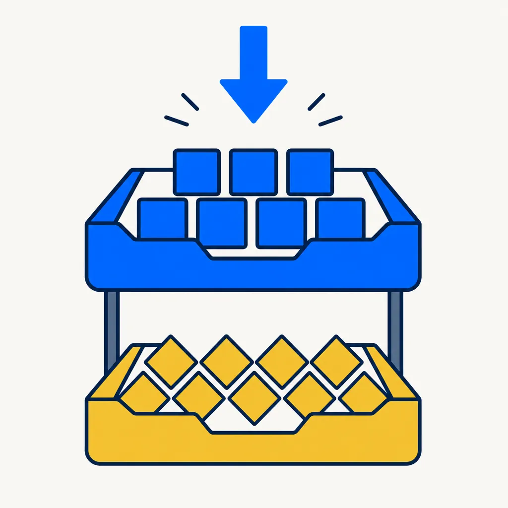Abstract editorial illustration showing harvest priority based on capital loss character. A vertical stack of two labeled tiers: the upper tier in electric blue represents short-term capital loss positions, which may carry a higher per-dollar after-tax benefit in years with short-term capital gains; the lower tier in gold represents long-term capital loss positions. Blue square tokens fill the upper tier and gold diamond tokens fill the lower. A blue downward arrow points from above into the top tier, indicating first-priority selection when both character types are available. Clean geometric shapes, generous whitespace, navy outlines, off-white background.