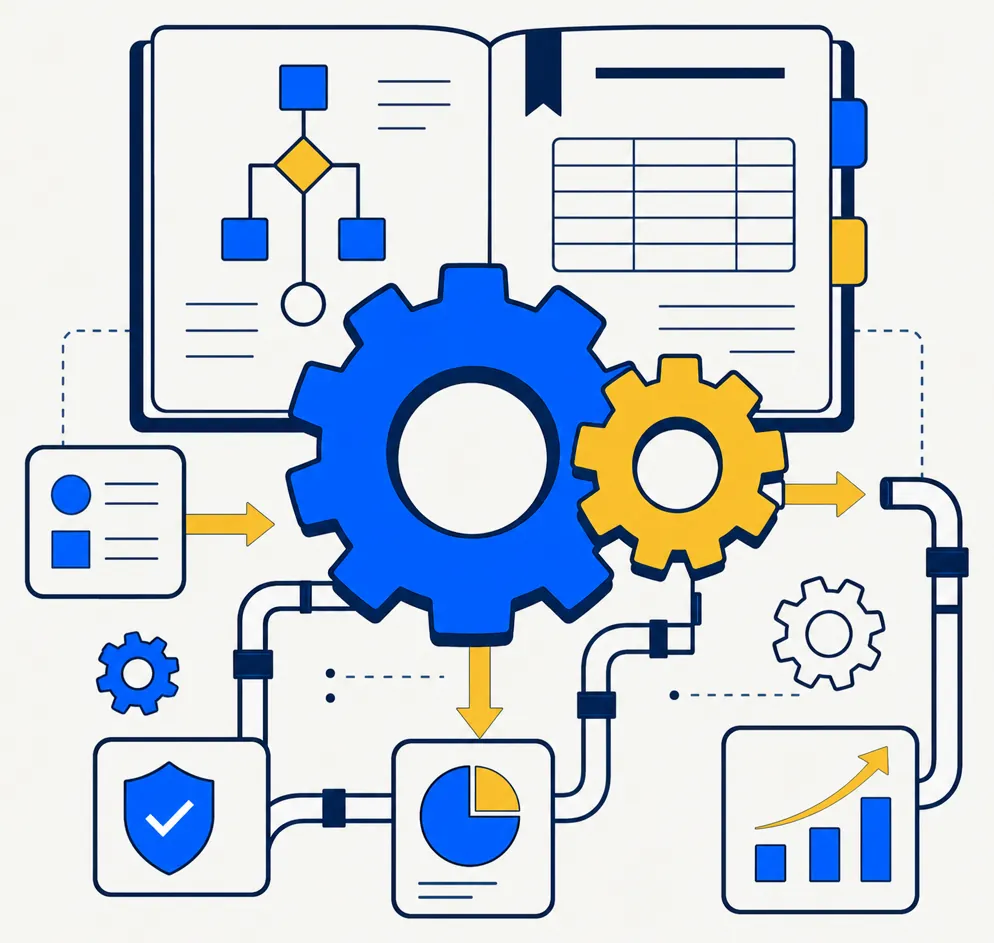 Abstract editorial illustration showing interlocking blue mechanical gears forming a clean pipeline system. A large central gear in electric blue meshes with a smaller gold key gear, representing the disciplined algorithmic engine. Gold pipeline flow arrows connect modular system components. An open audit ledger in navy outline sits in the background, representing transparent and inspectable trade logic — the opposite of opaque algorithmic promises.