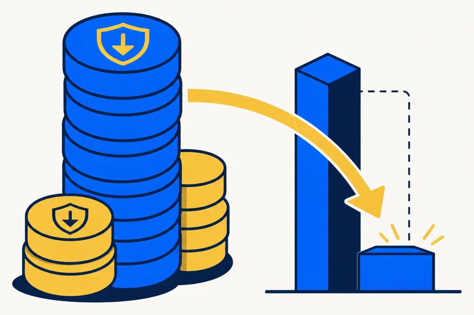 Abstract editorial illustration showing a prior-year capital loss carryforward offsetting a recognized gain. On the left, a stack of electric-blue and gold portfolio tokens is arranged as a reserve — the accumulated loss bank from prior systematic harvesting years. A bold gold arrow flows rightward from the stack toward a blue gain column or bar on the right, landing to neutralize or reduce the gain representation. The overall composition is minimal, flat-vector, and modern, suggesting multi-year loss accumulation meeting a deliberate gain recognition event with no text or numerals.