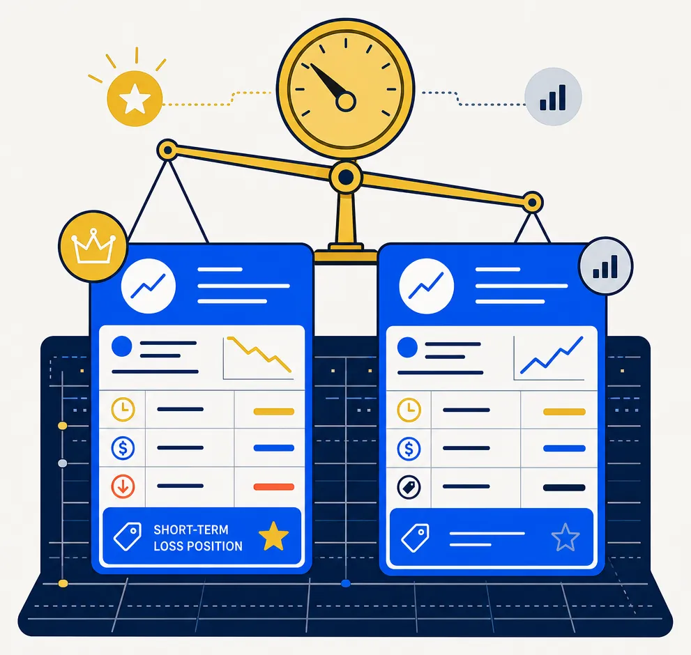 Abstract editorial illustration of a tax-rate-weighted lot scoring system. Two blue portfolio lot record cards are positioned side by side. The left card carries a prominent gold star or crown marker indicating higher priority score — representing a short-term loss lot that may produce more after-tax benefit per dollar of loss realized. The right card has a smaller, secondary marker indicating lower score. A gold scoring dial or balance tilts toward the higher-priority card, conveying the algorithmic, deliberate nature of a tax-rate-weighted lot selection approach. Electric blue, navy, and gold palette on an off-white background.