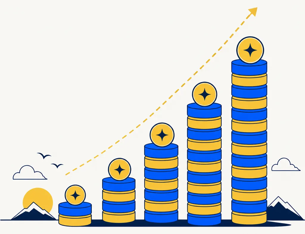 Abstract illustration of ascending stacks of blue and gold coin towers growing taller across a horizon, with a dashed line and small mountains in the background suggesting a reserve that builds over multiple years. Represents a loss bank of harvested losses accumulating over time for potential future use.