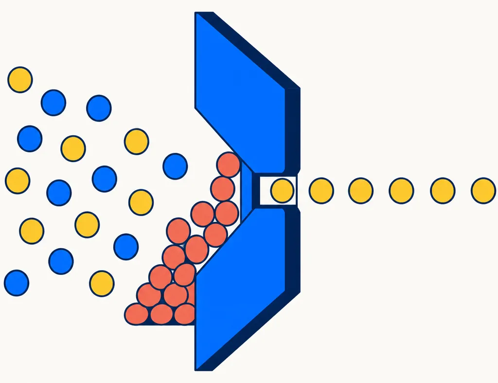 Flat editorial illustration of a narrow gate that only lets matching-colored tokens pass through, while a pile of mismatched tokens tinted coral builds up and is blocked outside the gate. Represents Pennsylvania's restriction that capital losses may only offset gains in the same class and year, with no carryforward for the remainder.