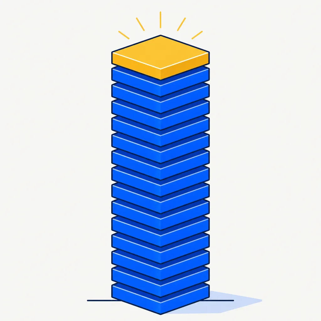 Flat editorial illustration of a single uniform stack of blue geometric plates rising to a gold-capped top plate, with no separate smaller tier anywhere in the stack. Represents California taxing all capital gains at the same ordinary-income rate, with no separate preferential rate tier for long-term gains.