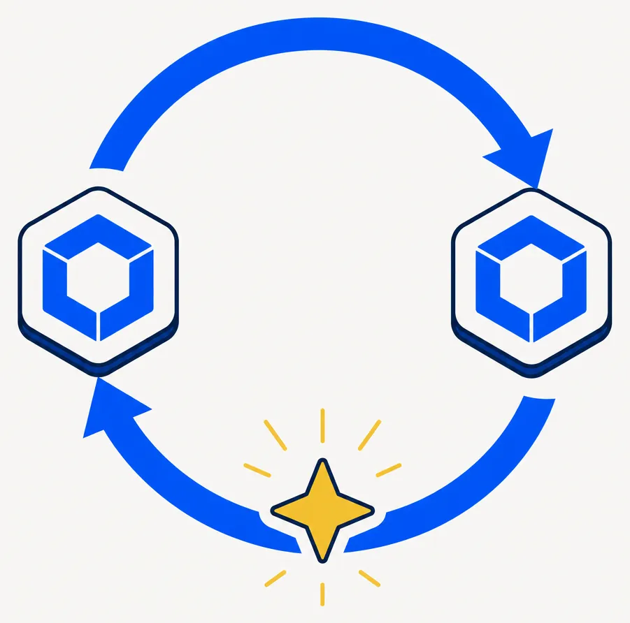 Abstract illustration of the crypto tax-loss harvest cycle. A continuous blue circular arrow loop connects two identical geometric token shapes, representing the sell-and-immediately-rebuy pattern possible under cryptocurrency's IRS property classification. A gold highlight marker on the sell-side of the loop represents the realized loss captured for tax purposes. The unbroken loop contrasts with the blocked 61-day waiting period that governs equity tax-loss harvesting under IRC §1091.