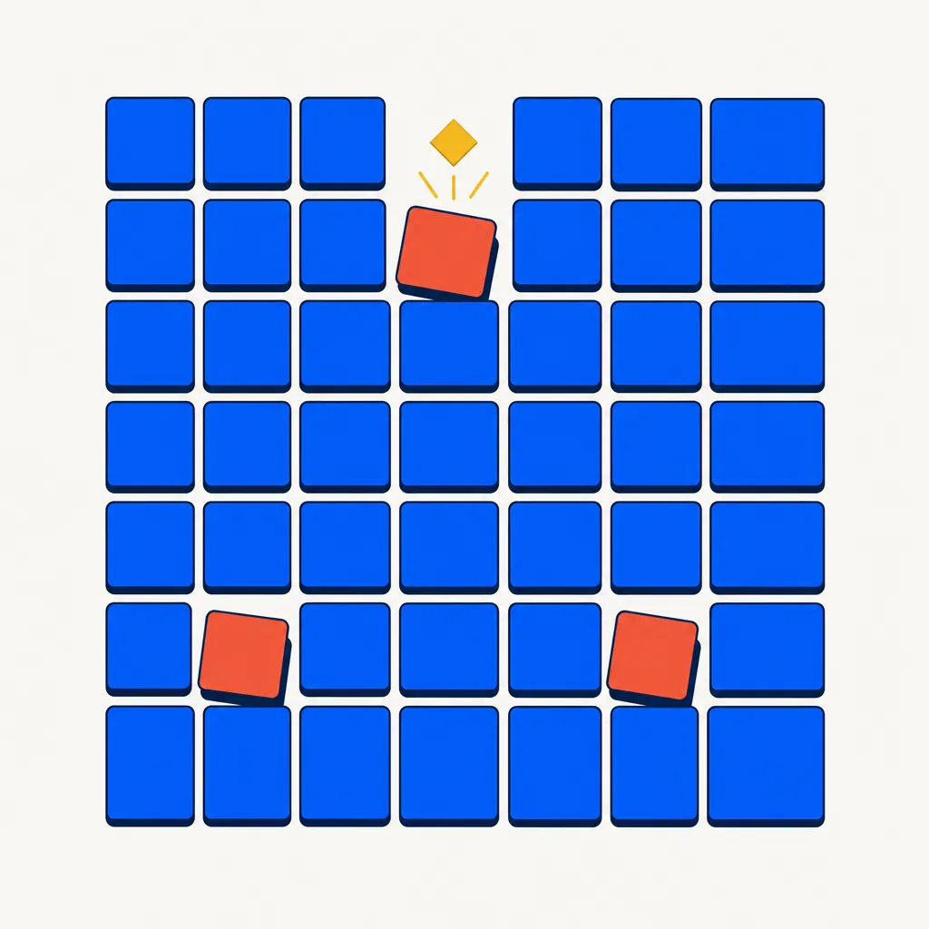 Abstract geometric grid of many small blue square tiles representing individual stock positions in a market index. Most tiles are uniform and flat, reflecting a steady overall index. Three scattered individual tiles are highlighted in coral and tilted downward, showing positions that declined independently while surrounding tiles held steady. A small gold diamond floats above one declining tile as a harvest opportunity signal — illustrating how individual names can diverge from the overall index and create harvest surfaces at the position level even when the broader market is flat or rising.