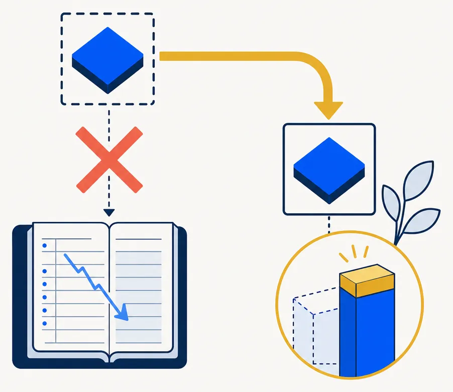 Abstract editorial illustration showing a blocked disallowed loss — a coral X mark over a blue geometric tax-lot tile — with a gold arrow carrying the deferred amount into an adjacent replacement tile representing the cost-basis carryover. The tax benefit is transferred to the replacement position, not erased. Clean flat vector fintech style on off-white background.