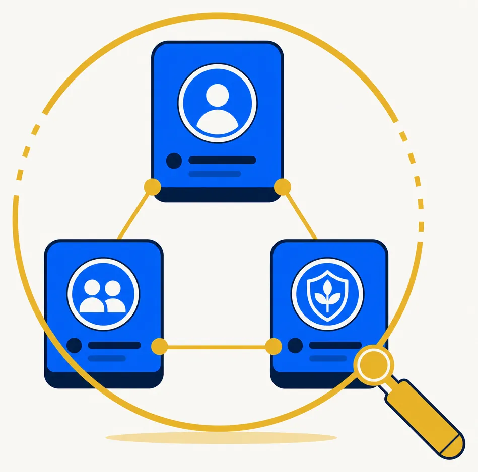 Abstract editorial illustration of three interconnected blue account cards arranged in a triangle formation, connected by gold lines representing linked household accounts. A gold arc scanner sweeps across all three accounts, representing system-wide wash-sale awareness tracking tax lots, replacement securities, pending orders, and household purchases simultaneously. Electric blue and gold palette on off-white background.