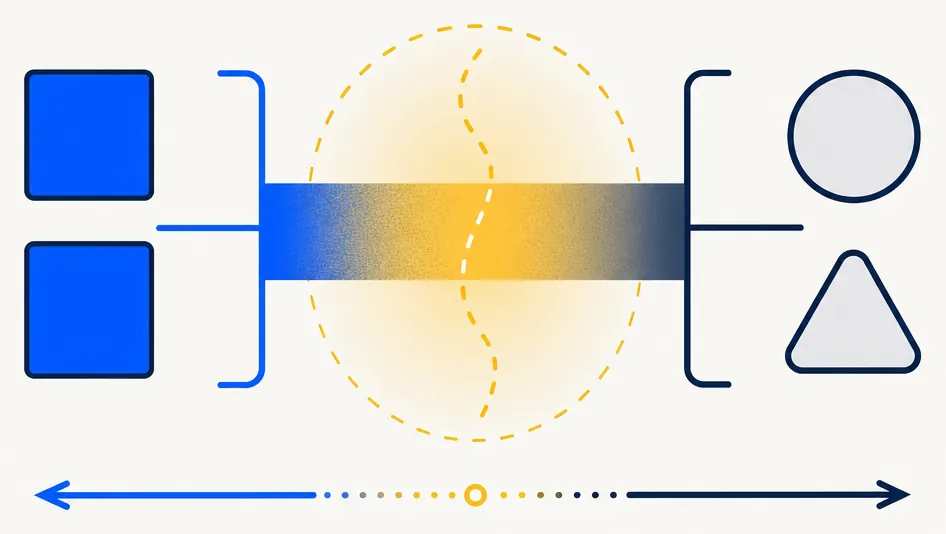 Abstract editorial illustration showing a horizontal spectrum from clearly identical — two matching blue geometric tiles stacked on the left — through a gold ambiguous gradient zone in the center to clearly different — two distinct-shaped tiles diverging on the right. Represents the substantially identical judgment spectrum in tax-law analysis: clear at both extremes, uncertain in the middle.