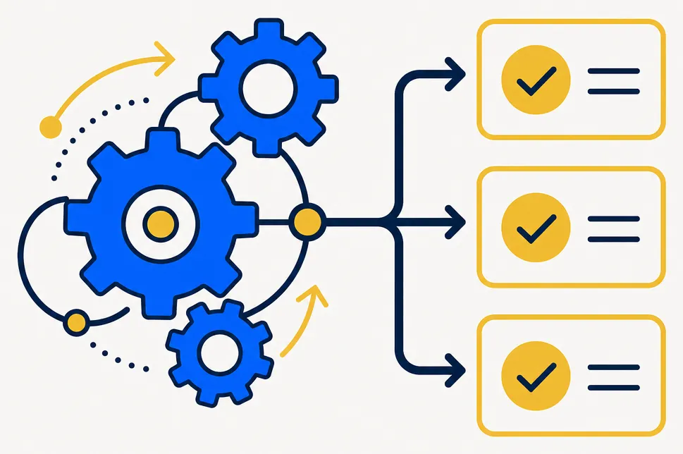 Abstract illustration of an interlocking system of blue gears feeding into a vertical stack of three gold-outlined checklist cards, each marked with a checkmark. Represents a well-built decision engine producing consistent, reviewable output rather than a single opaque black box.