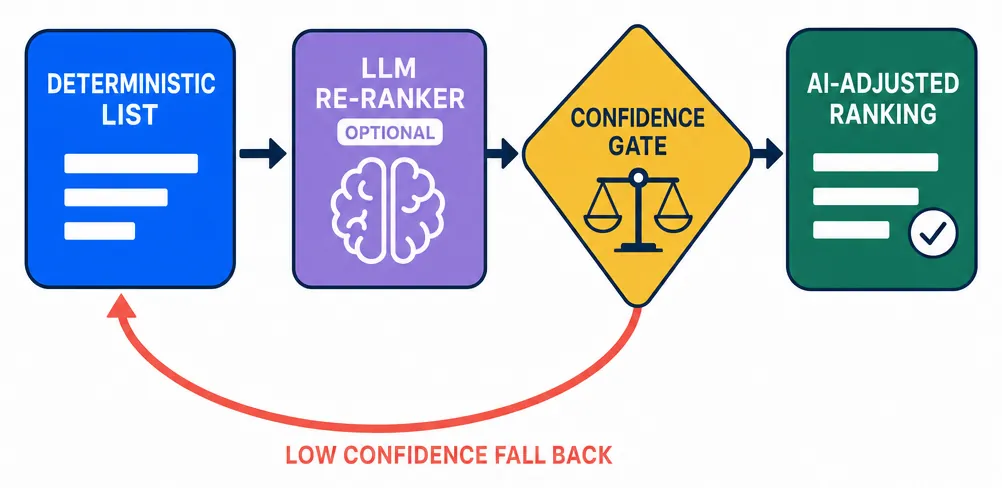 Four connected nodes in a horizontal flow. A blue chip labeled DETERMINISTIC LIST feeds right into a purple chip labeled LLM RE-RANKER with a sub-label OPTIONAL. The output passes to a gold diamond shape labeled CONFIDENCE GATE. When confidence is sufficient the flow continues right to a green chip labeled AI-ADJUSTED RANKING. A coral feedback arrow arcs from the confidence gate back to the deterministic list node, labeled LOW CONFIDENCE FALL BACK.