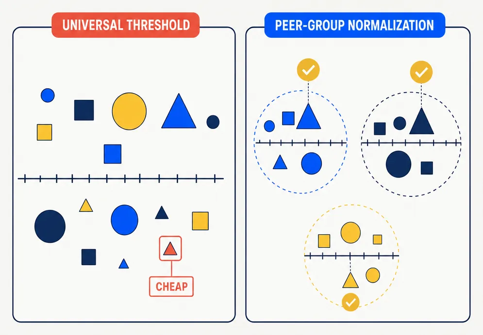 Two side-by-side comparison cards. Left card with a coral header chip labeled UNIVERSAL THRESHOLD shows a single flat ruler line cutting across geometric stock-shape icons from different sectors — one shape is incorrectly labeled CHEAP. Right card with a blue header chip labeled PEER-GROUP NORMALIZATION shows the same shapes grouped into sector clusters, each cluster with its own ruler line, and a gold checkmark above the correctly-scored shape in each cluster.