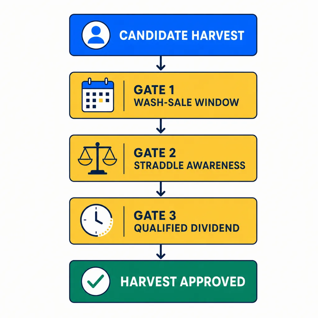 Vertical sequential flow diagram. A blue chip at the top labeled CANDIDATE HARVEST flows down through three gold gate chips stacked vertically: WASH-SALE WINDOW with a calendar icon, STRADDLE AWARENESS with a balance scale icon, and QUALIFIED DIVIDEND with a clock icon. A green chip at the bottom labeled HARVEST APPROVED with a checkmark marks the successful outcome when all gates pass.