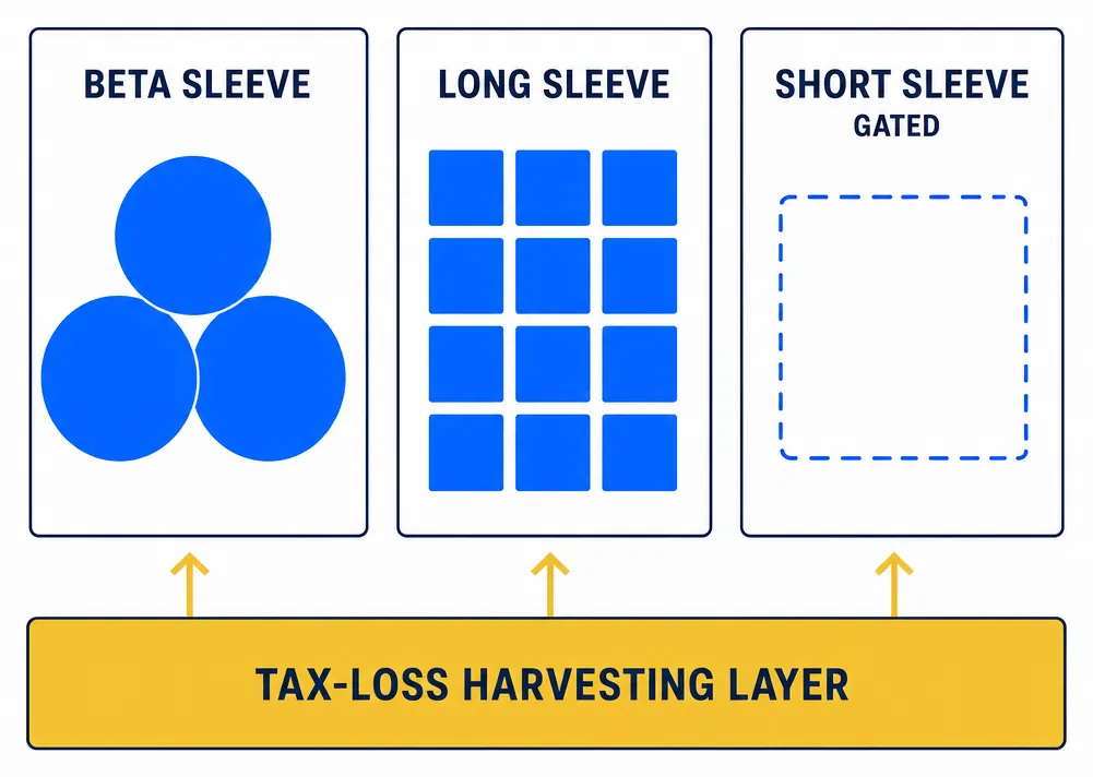 Compact concept infographic showing three side-by-side portfolio panels: BETA SLEEVE above three overlapping blue circles, LONG SLEEVE above a dense grid of small blue tiles, and SHORT SLEEVE, sub-labeled GATED, above a single dashed-outline tile. A gold horizontal bar labeled TAX-LOSS HARVESTING LAYER spans beneath all three panels, with arrows connecting the layer up into each sleeve above it.