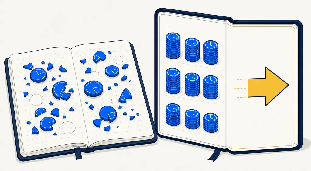 Flat editorial illustration of two open portfolio notebooks side by side on an off-white background. The left notebook has blue portfolio tokens scattered and fragmented across its pages in disarray, suggesting an incomplete or unknown loss record. The right notebook stands open with neat organized stacks of blue tokens on one page and a clear gold directional arrow on the facing page, suggesting a deliberate, well-tracked loss bank with a clear deployment purpose. The contrast between fragmented and organized conveys the difference between harvesting without visibility and harvesting with a clear strategic reserve.