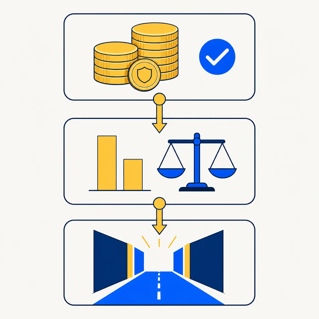 Abstract editorial illustration of three stacked geometric card panels on an off-white background, each containing a minimal icon. The top card has a stack of gold coins with a small blue checkmark, representing the loss bank inventory. The middle card shows two gold vertical bars of different heights beside a blue balance scale, representing offset capacity matched by loss character. The bottom card shows a blue corridor or pathway opening outward with gold accents at the threshold, representing future portfolio flexibility and optionality unlocked by the loss reserve. A single gold accent arrow flows downward through all three cards like a pipeline, unifying the system.